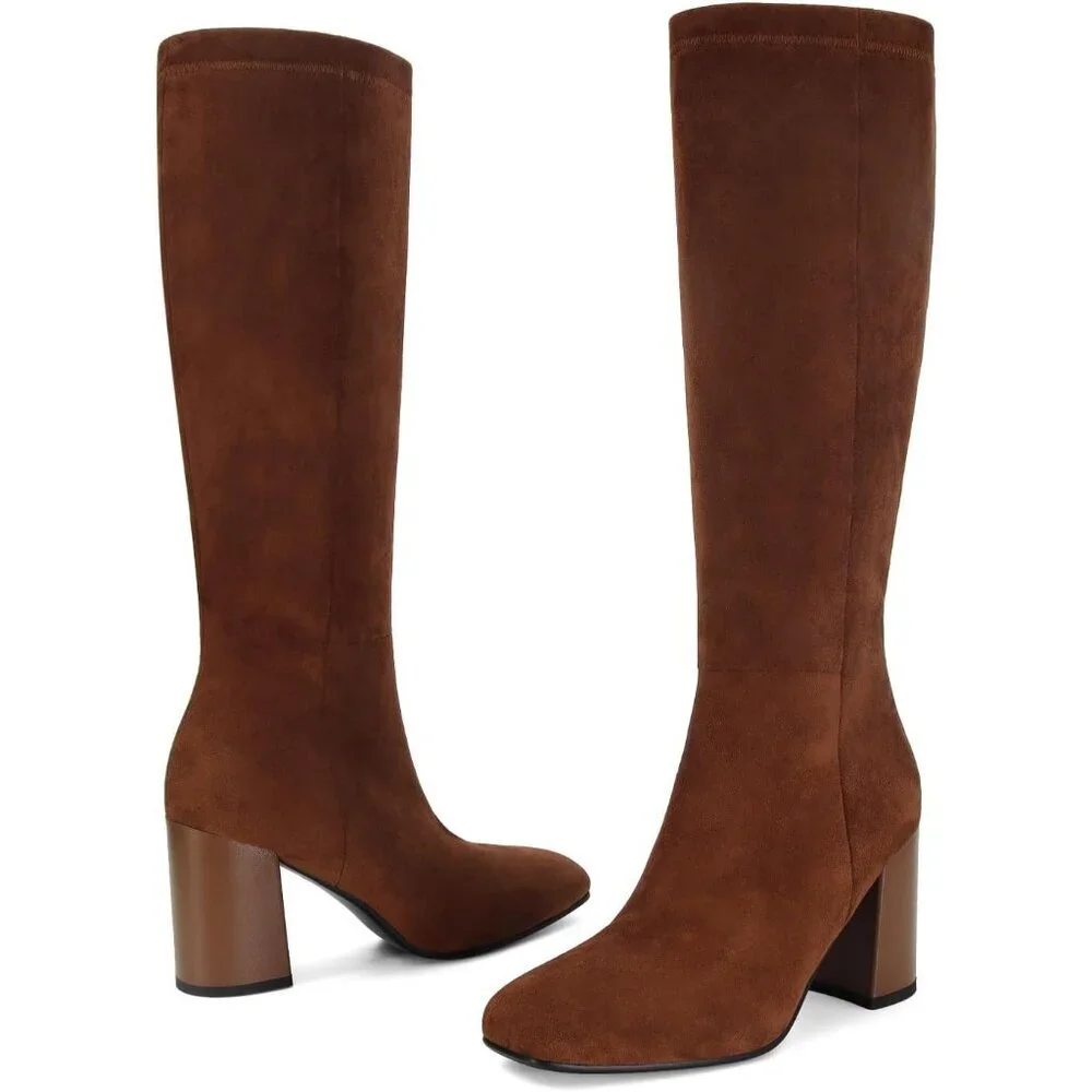 Women's Faux Leather Square Toe Chunky Heel Knee High Boots Side Zip Brown Suede